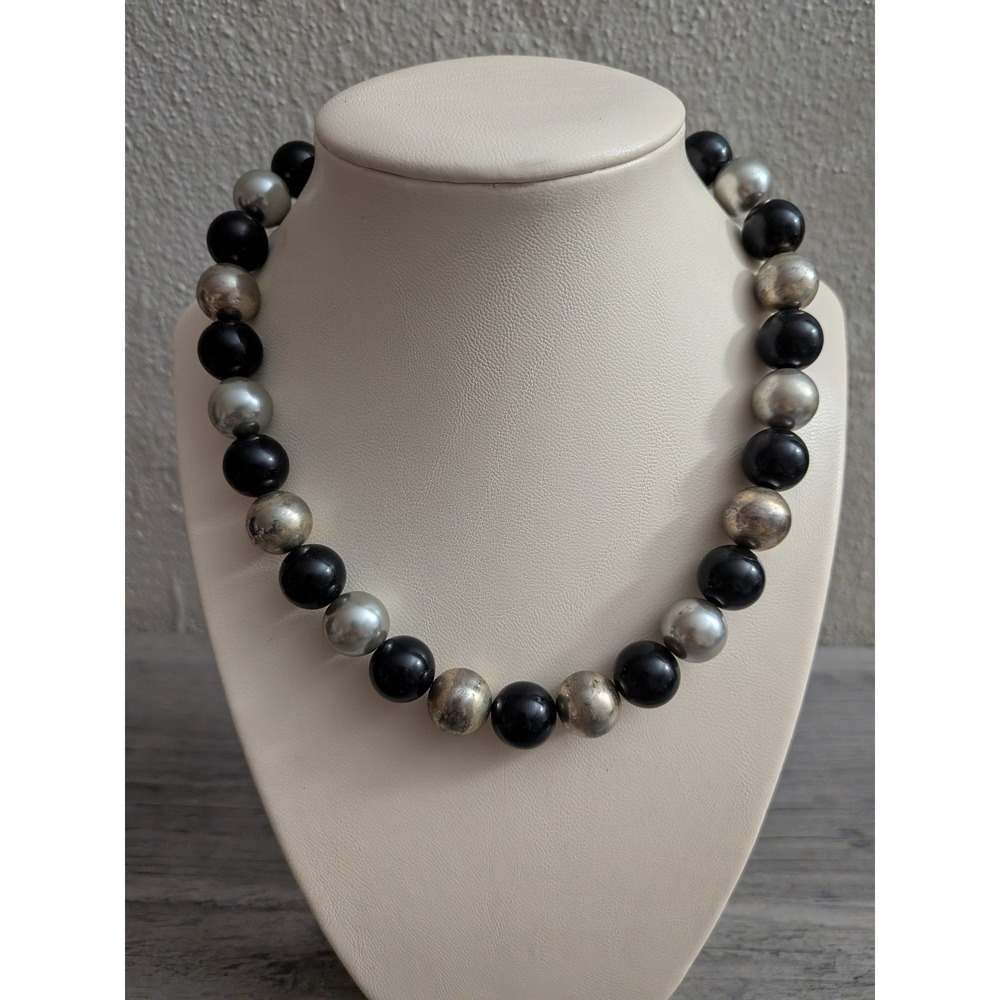 Vintage Chunky Black and Silver Bead Statement Necklace Bold Oversized Jewelry